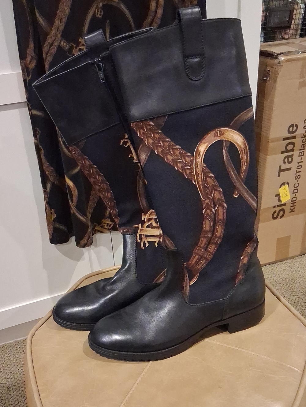 Ralph LAUREN Black Leather Tall Boots with Brown Rope Print